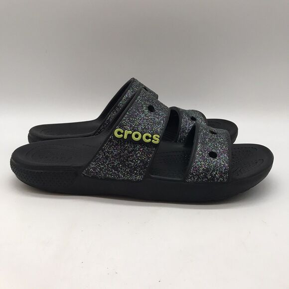 CROCS Iconic Comfort W 8-M 6  Double Strap Sandals Black Sparkly Slides Jibbits - Picture 1 of 11